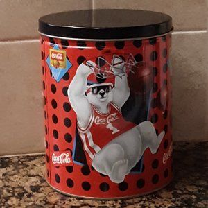 Coca Cola Coke Metal Cannister 7.5" Can Storage 1997 Basketball Bear VG